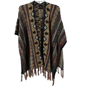 Angie Womens Southwestern Geometric Open Front Poncho Cardigan Fringe Navy Multi